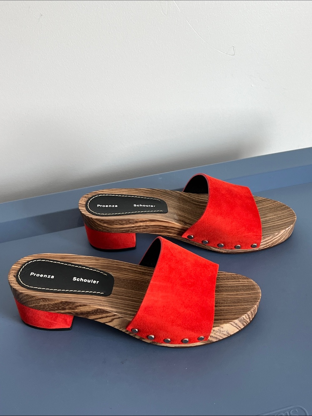 Proenza Schouler bright deep orange suede leather open toe wooden heel sandals